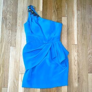 Kay Unger one shoulder turquoise cocktail dress